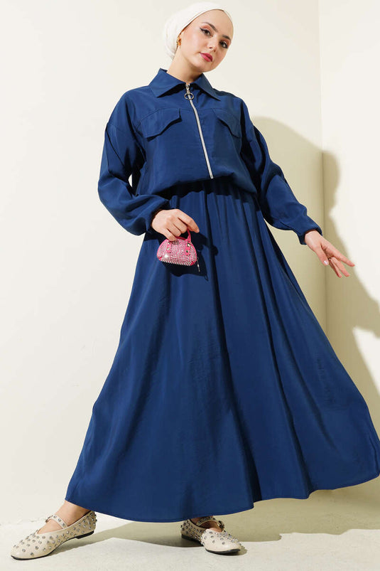 Two Piece Suit with Chest Pocket and Skirt, Navy Blue