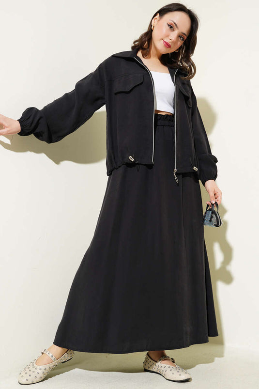 Chest Pocket Flap Skirted Two Piece Suit Black