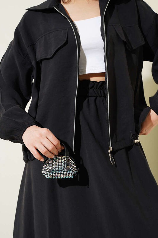 Chest Pocket Flap Skirted Two Piece Suit Black