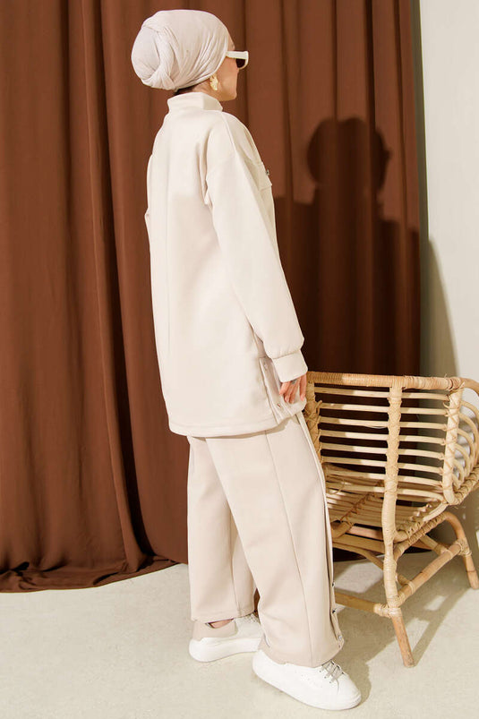 Göğüs Cep Kapaklı Fermuarlı Scuba İkili Takım Bej