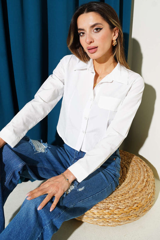 White Short Shirt with Chest Pocket Flap