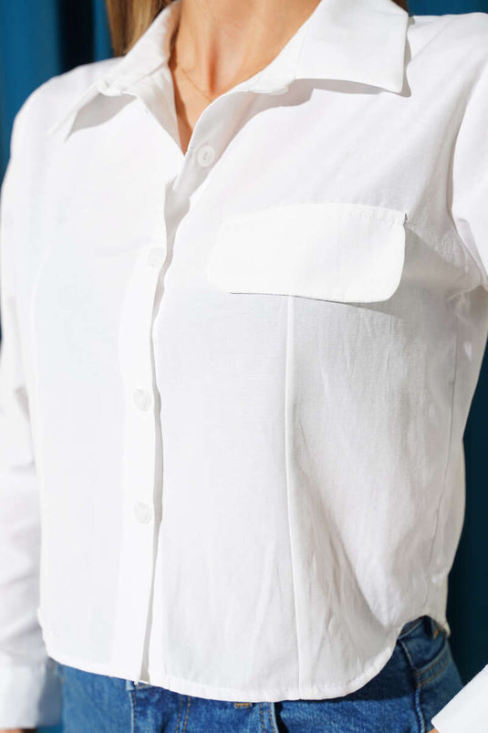 White Short Shirt with Chest Pocket Flap
