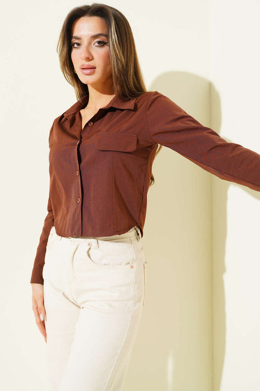 Short Shirt with Chest Pocket Flap, Brown