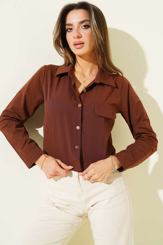 Short Shirt with Chest Pocket Flap, Brown