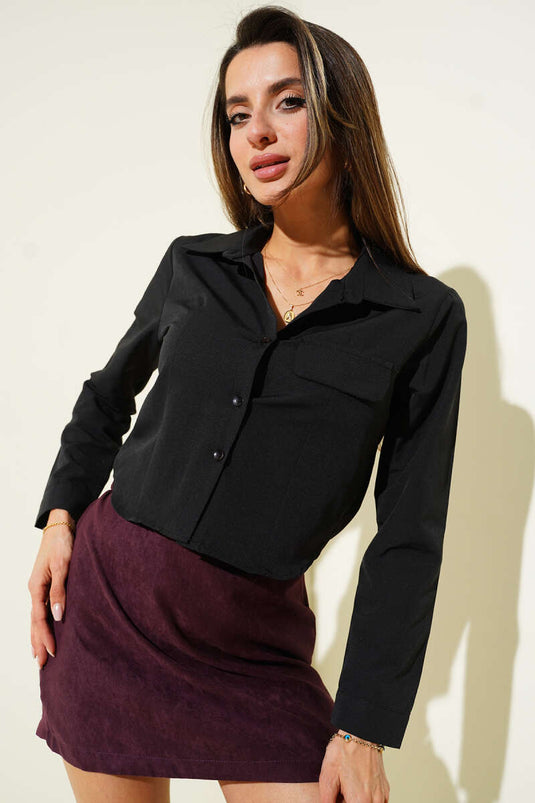 Short Shirt with Chest Pocket Flap, Black