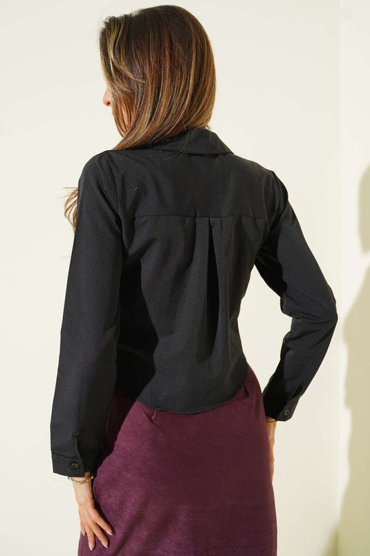 Short Shirt with Chest Pocket Flap, Black