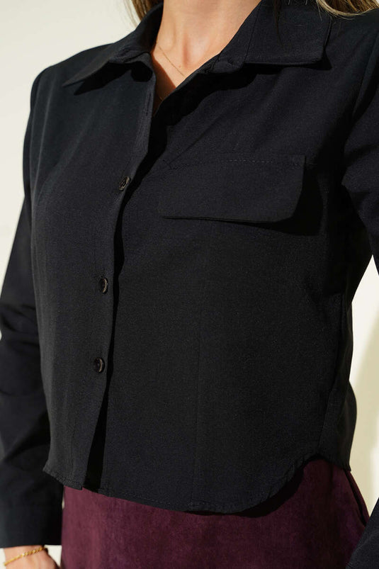 Short Shirt with Chest Pocket Flap, Black