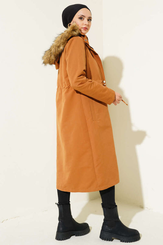 Chest Pocket Waist Tunnel Coat Tan