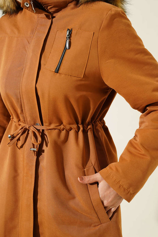 Chest Pocket Waist Tunnel Coat Tan