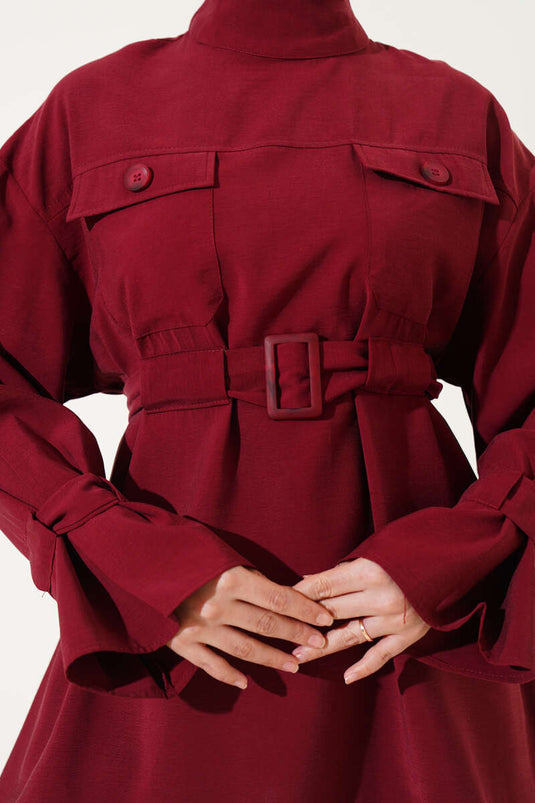 Chest Pocket Waist Belted Two-Piece Set Burgundy