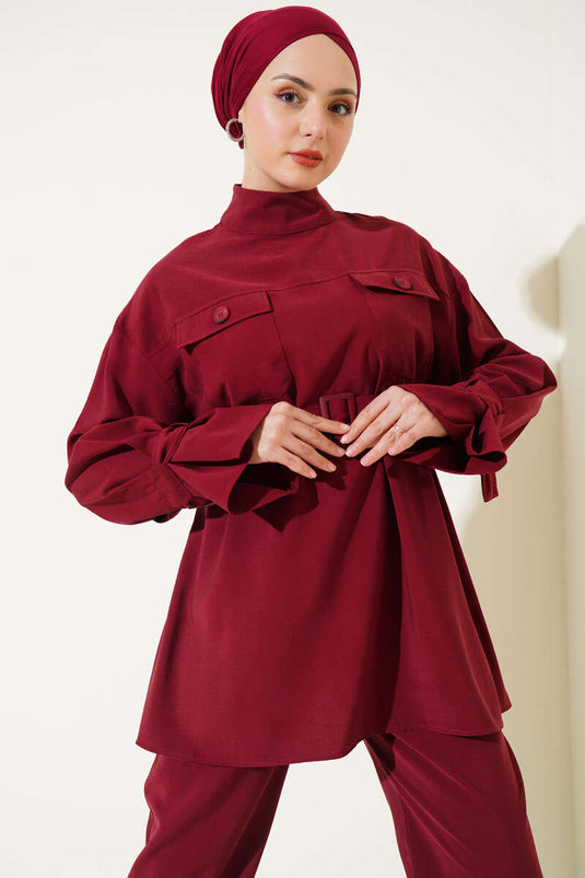 Chest Pocket Waist Belted Two-Piece Set Burgundy