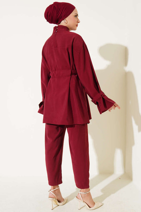 Chest Pocket Waist Belted Two-Piece Set Burgundy