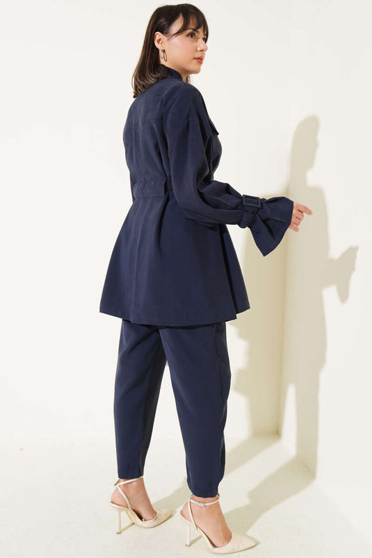 Navy Blue Two-Piece Set with Chest Pocket and Belted Ankles