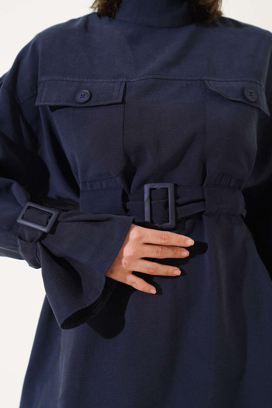 Navy Blue Two-Piece Set with Chest Pocket and Belted Ankles