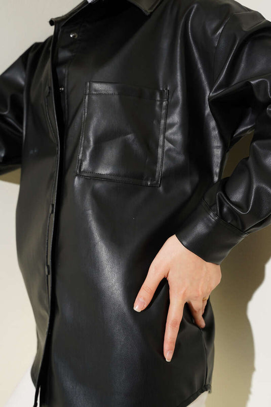 Göğüs Cepli Çıtçıt Düğmeli Deri Gömlek Siyah