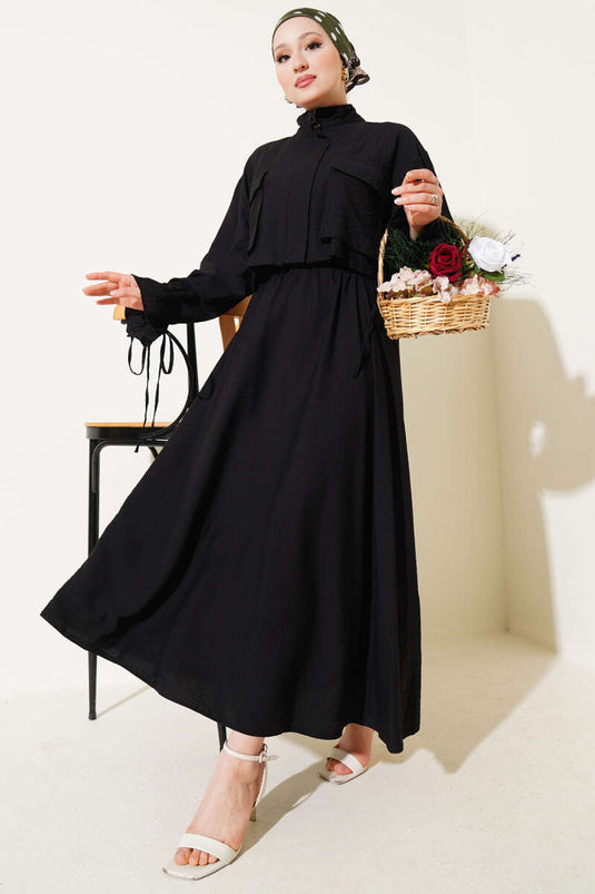 Chest Pocket Zippered Skirted Two Piece Suit Black