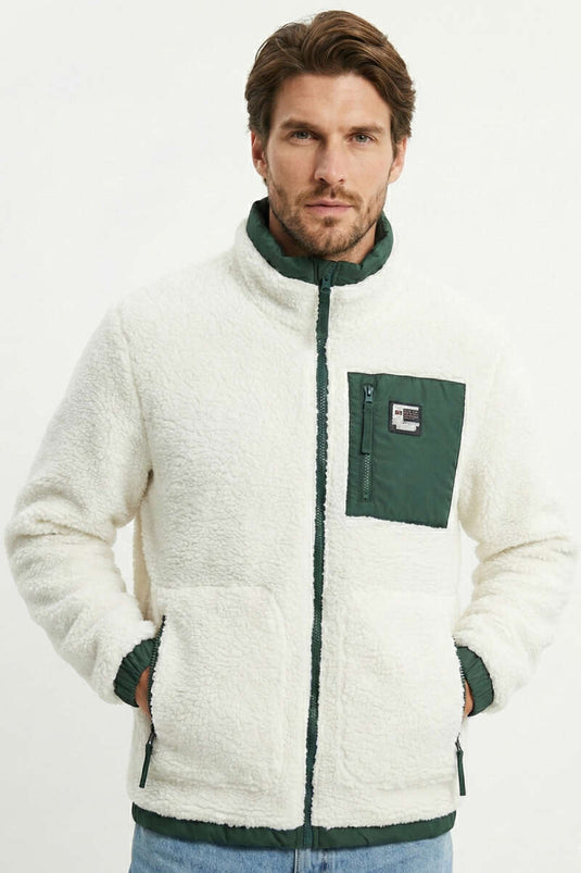 Veste pour homme en peluche blanche avec poches poitrine et fermeture éclair