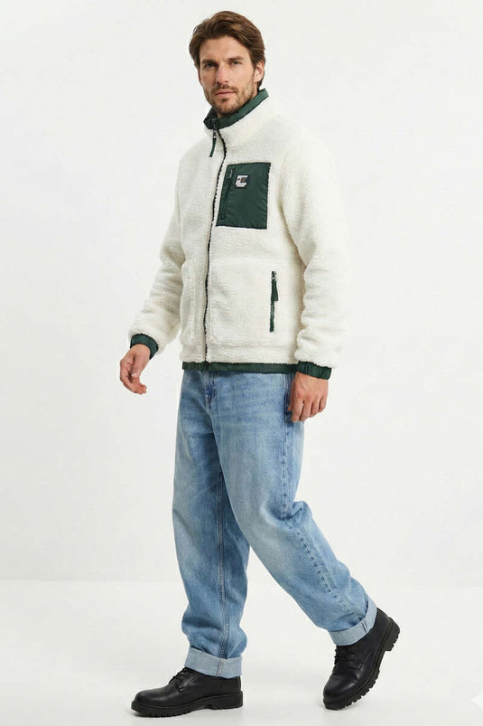 Veste pour homme en peluche blanche avec poches poitrine et fermeture éclair