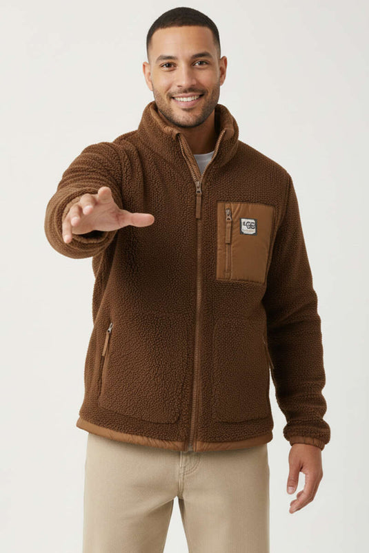 Veste pour homme en peluche avec poches poitrine et fermeture éclair, couleur marron