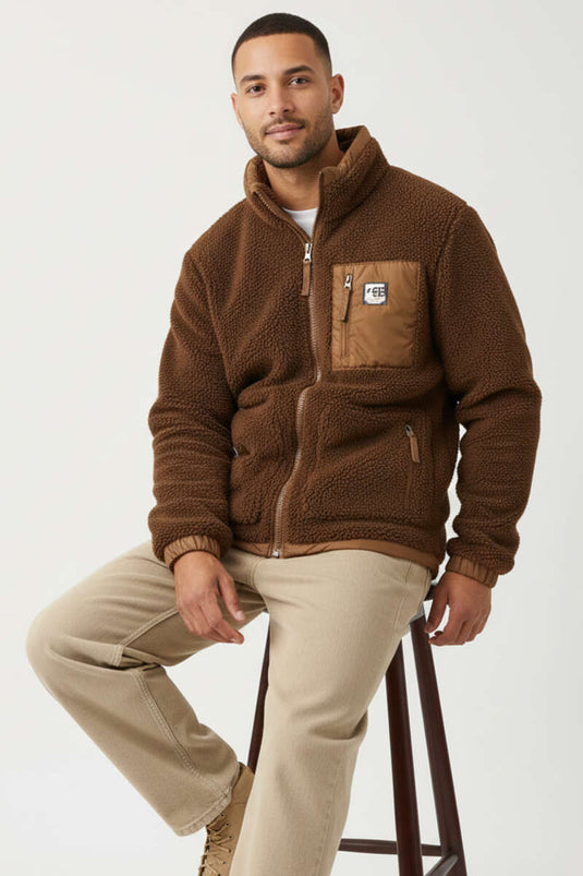 Veste pour homme en peluche avec poches poitrine et fermeture éclair, couleur marron