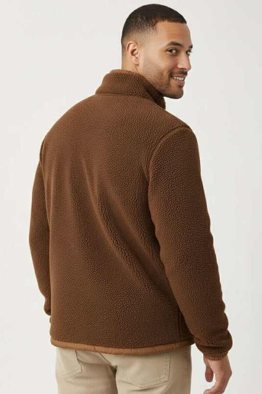 Veste pour homme en peluche avec poches poitrine et fermeture éclair, couleur marron