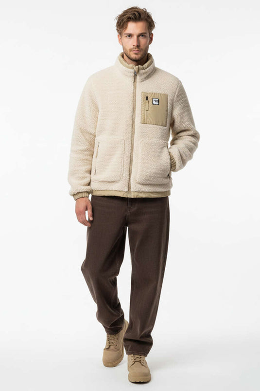 Plüsch Herrenjacke mit Brusttasche und Reißverschluss, Cremefarben