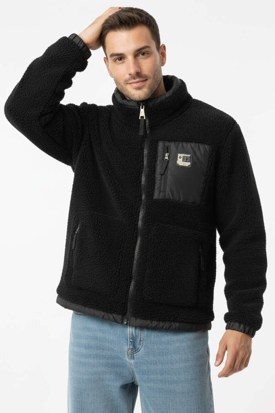 Manteau pour homme en peluche noir avec poches poitrine et fermeture éclair
