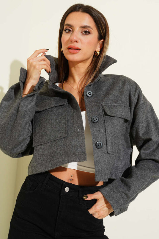 Kurze Kaschmirjacke mit Brusttasche, Dunkelgrau