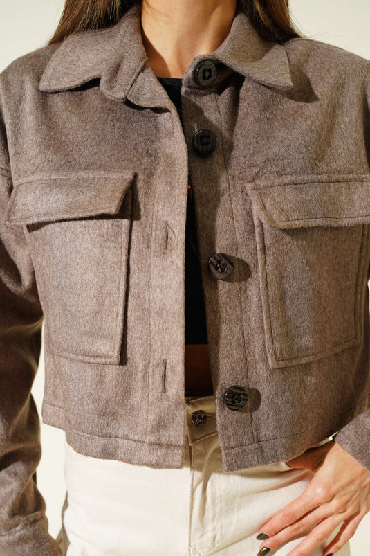 Göğüs Cepli Kısa Kaşe Ceket Vizon