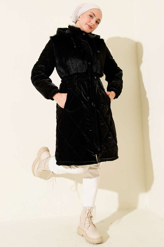 Göğüs Kürklü Kapüşonlu Kapitone Mont Siyah