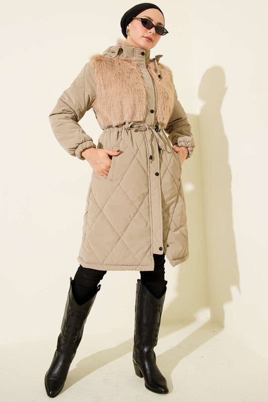 Göğüs Kürklü Kapüşonlu Kapitone Mont Vizon