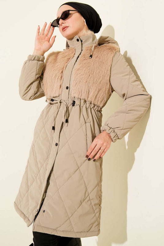 Göğüs Kürklü Kapüşonlu Kapitone Mont Vizon