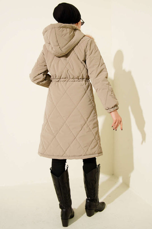 Göğüs Kürklü Kapüşonlu Kapitone Mont Vizon