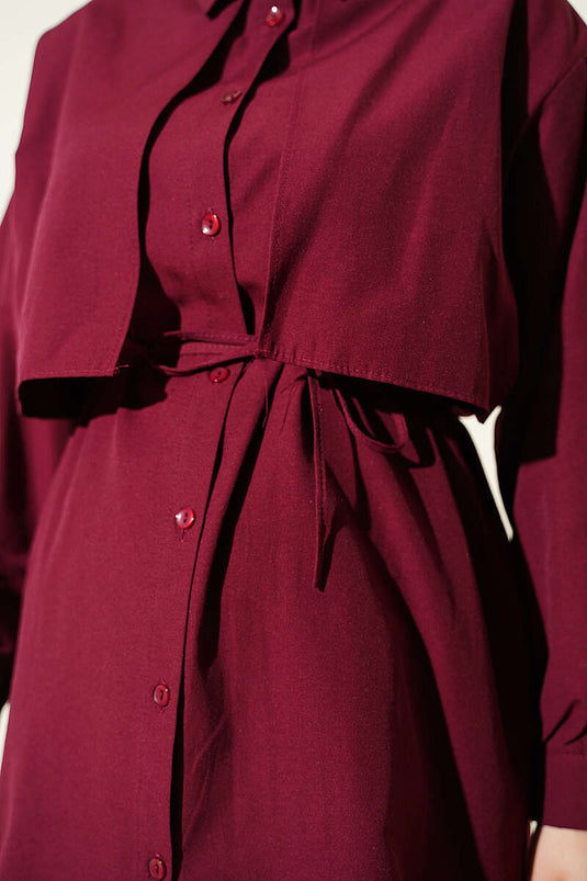 Göğüs Parçalı İp Kuşaklı Gömlek Bordo