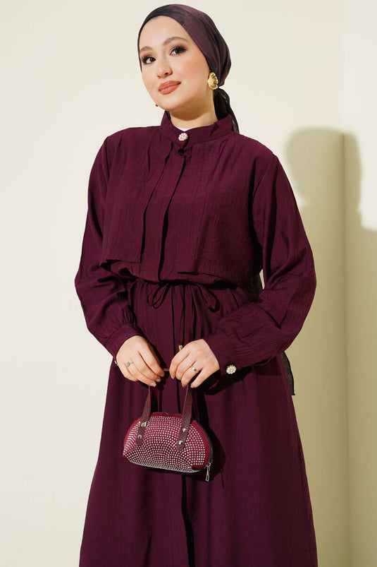 Long Tunic Set with Chest Panel and Rope Belt Burgundy