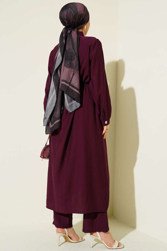 Long Tunic Set with Chest Panel and Rope Belt Burgundy