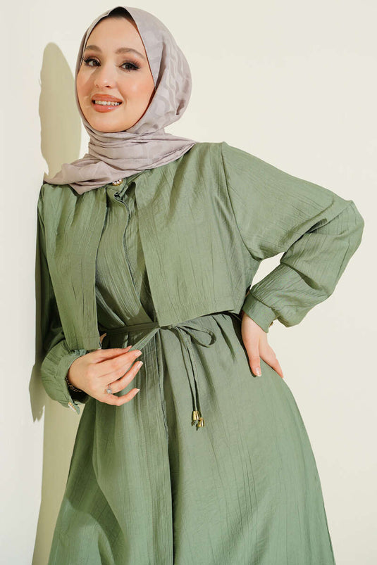 Long Tunic Set with Chest Panel and Rope Belt, Olive Green