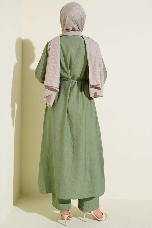 Long Tunic Set with Chest Panel and Rope Belt, Olive Green