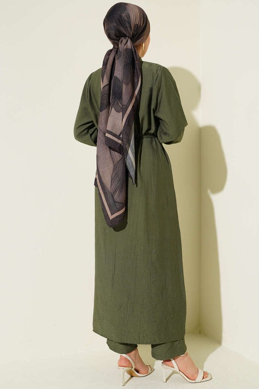 Long Tunic Set with Chest Panel and Rope Belt Khaki