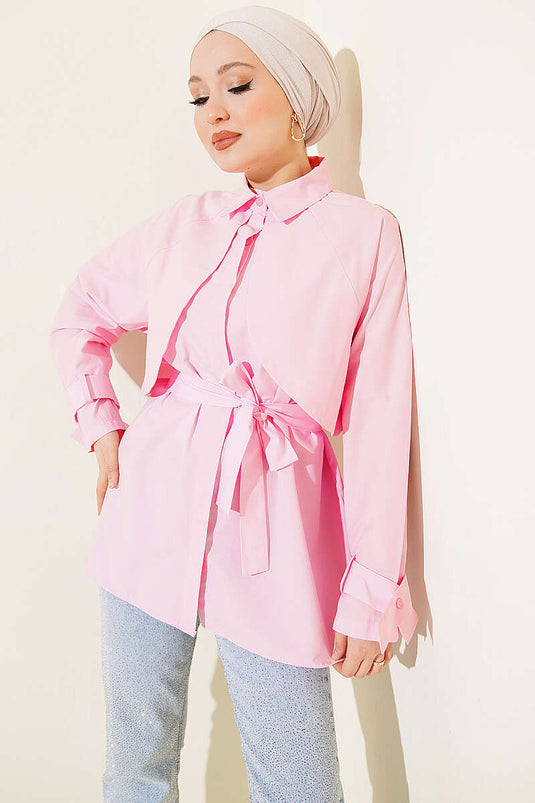 Göğüs Parçalı Kuşaklı Poplin Gömlek Pembe