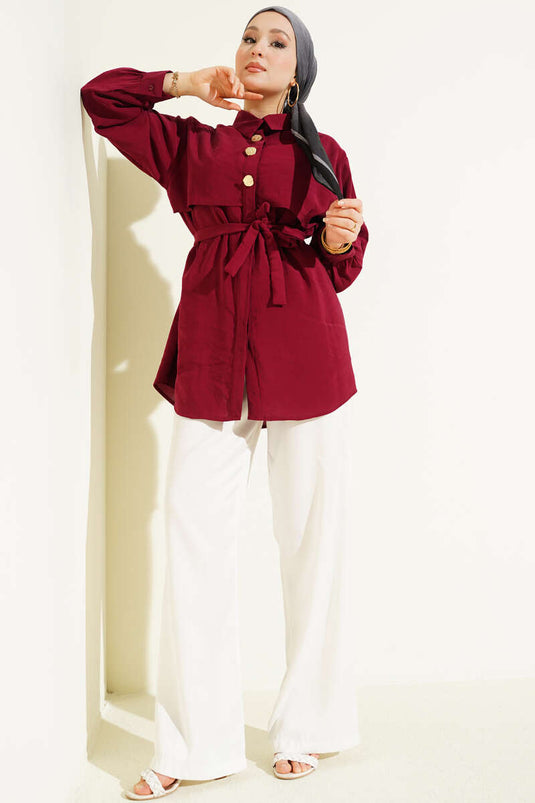 قميص مودال برباط وعباءة صدرية بلون خمري