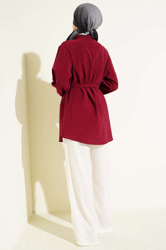 قميص مودال برباط وعباءة صدرية بلون خمري