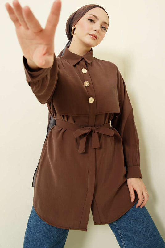 قميص مودال بحزام وعباءة صدرية بني