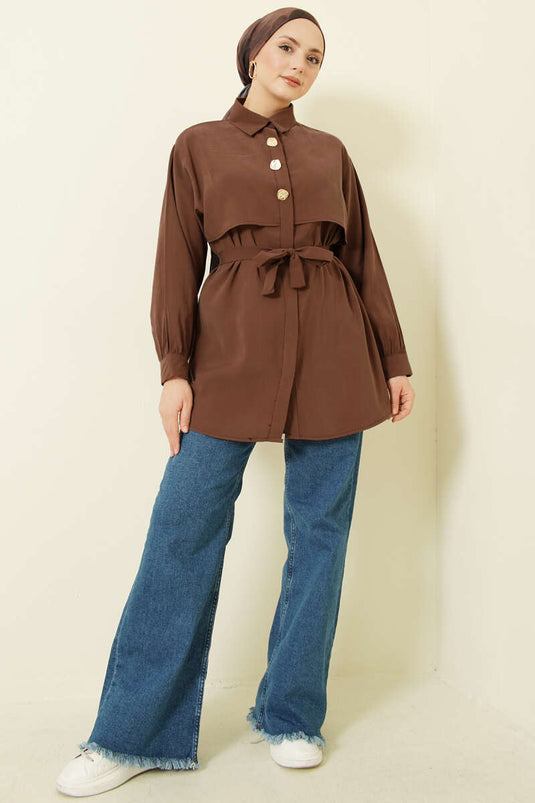 قميص مودال بحزام وعباءة صدرية بني