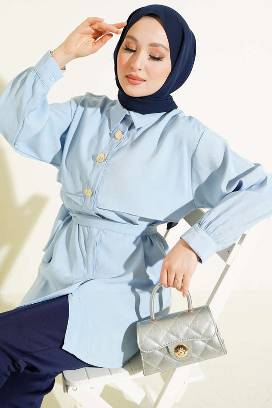 Blue Modal Shirt with Chest Cape and Belt