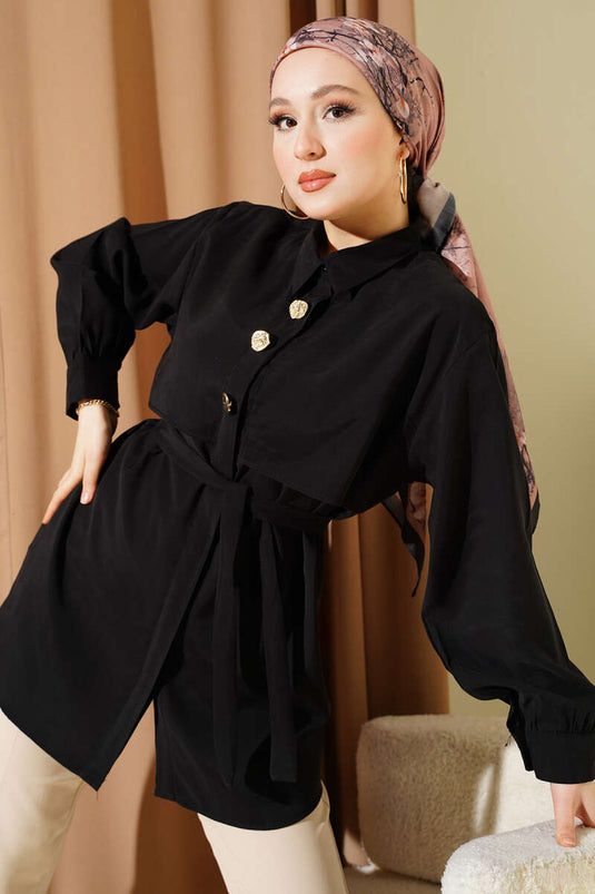 Black Modal Shirt with Chest Cape and Belt