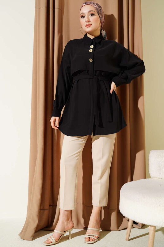 قميص مودال أسود بحزام وعباءة صدرية