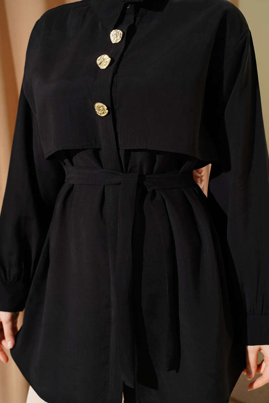 Black Modal Shirt with Chest Cape and Belt