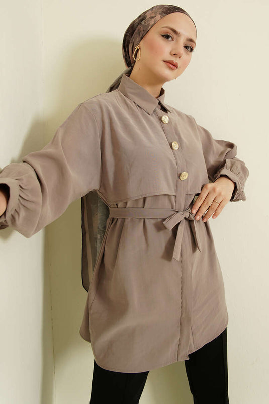 قميص مودال بحزام وعباءة صدرية بلون فيزون