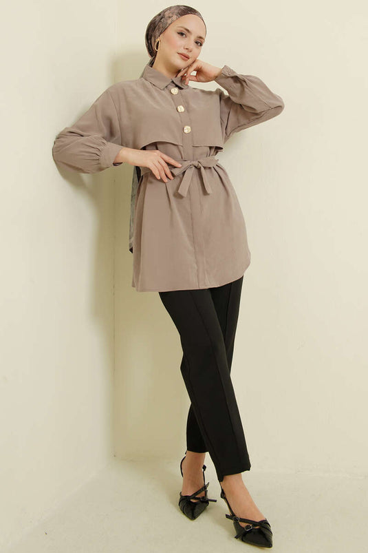 قميص مودال بحزام وعباءة صدرية بلون فيزون